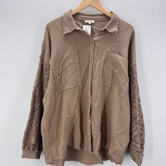LA MIEL Tops - NWT Women Crochet Trim Sleeve Button Down Cotton Gauze sz L Casual Distressed
